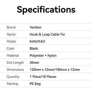 Vention Cable Organiser Hook & Loop Cable Tie 180mm 10 Pcs KAOB0-10