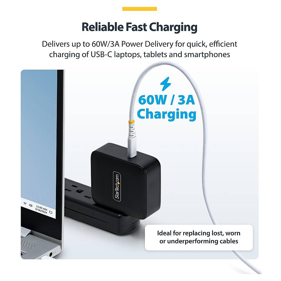 STARTECH.COM 30cm USB-C Charging Cable 60W 3A PD Geflochtenes Nylon-TPE Mantel Robustes USB-C Laptop-Handy Charging Cable White