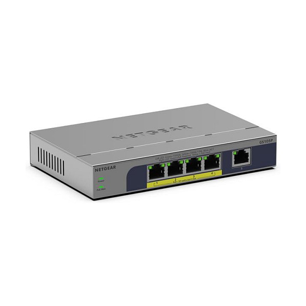 NETGEAR GS105P - Switch - unmanaged - 1 x 10/100/1000 + 4 x 10/100/1000 (PoE+) - Desktop, Wall-Mountable - PoE+ (63 W)